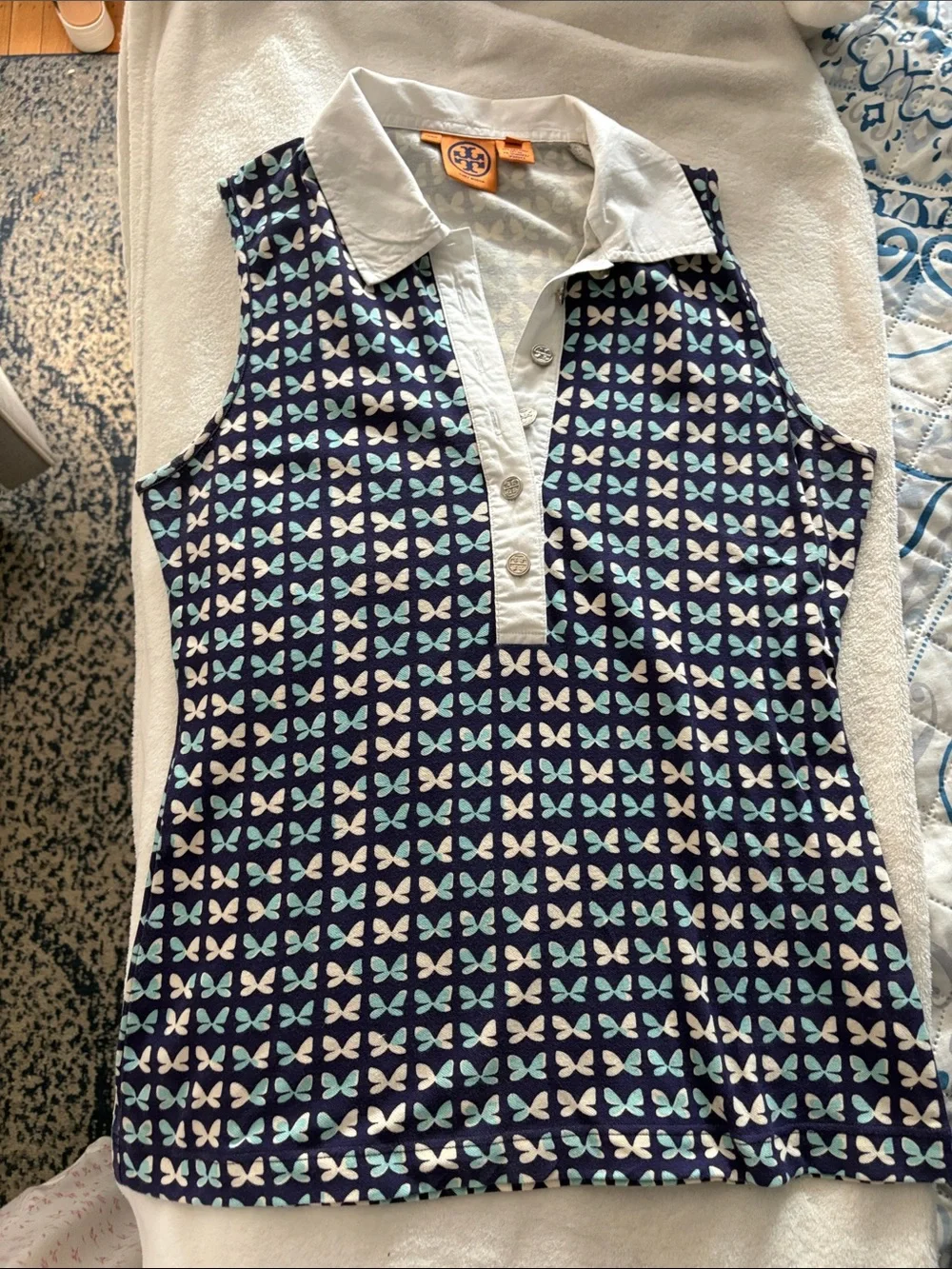 Tory Burch Navy Butterfly-Print Polo with White Collar